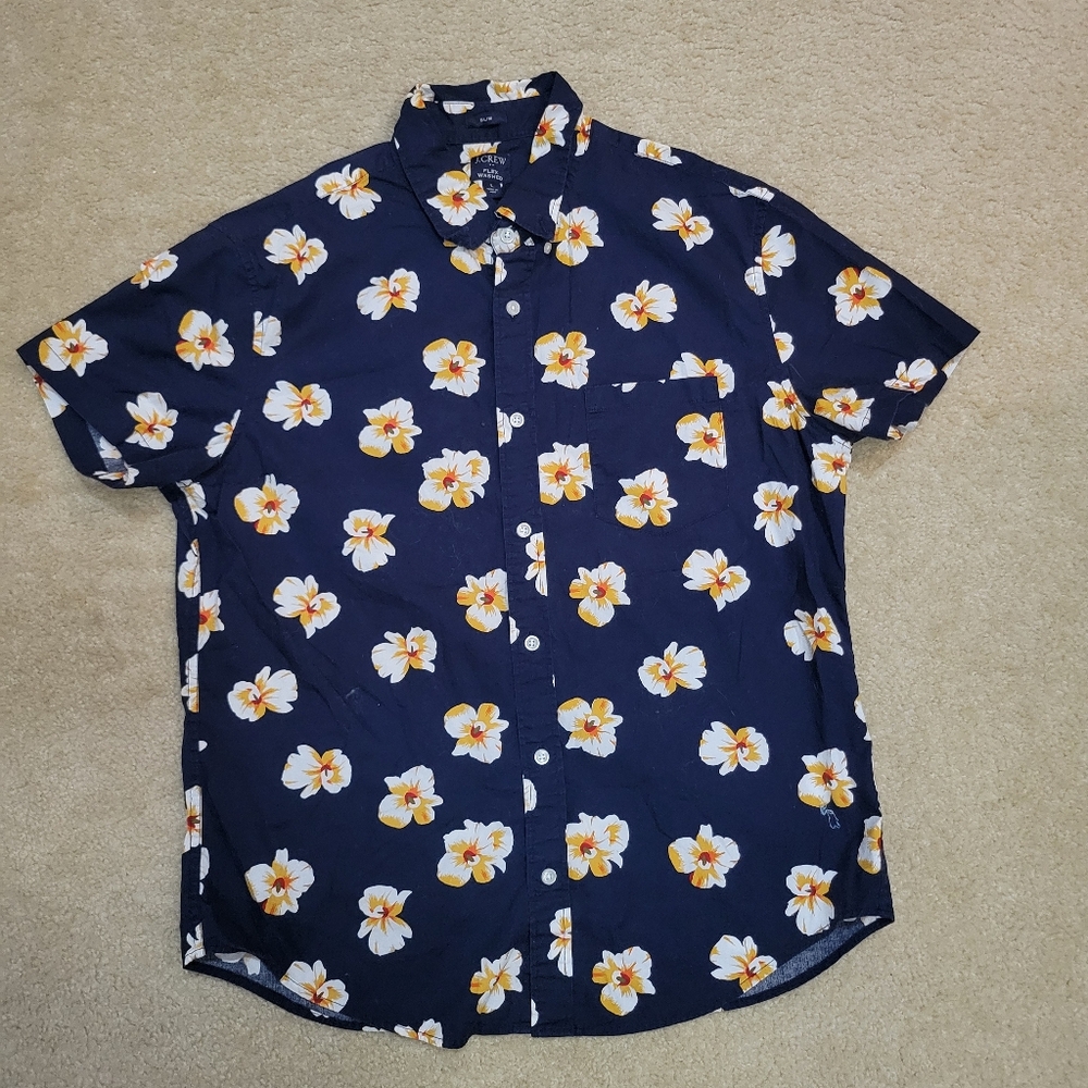 J.Crew Slim Fit Floral Button Down Shirt Men’s L Navy Short Sleeve Hawaiian